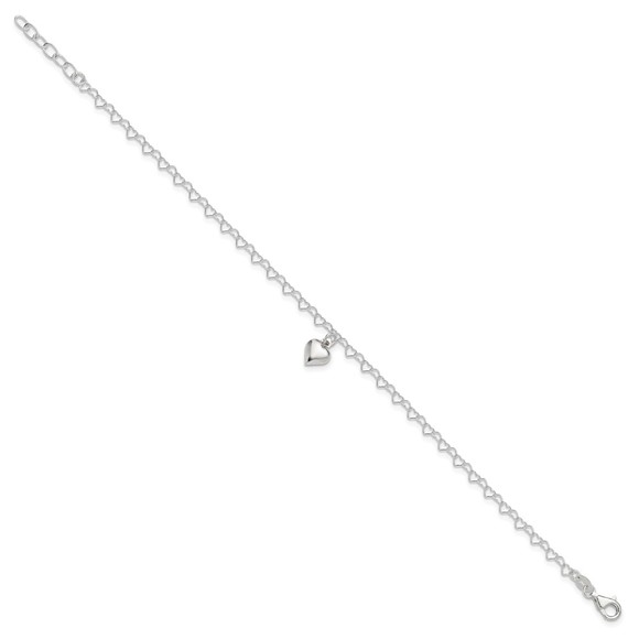 925 Sterling Silver Fancy Link Puffed Heart Charm 9 " + 1" ext. Jewelry Anklet - Picture 2 of 7